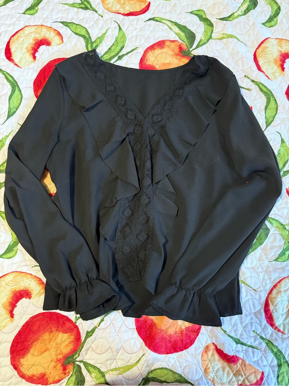 SHEIN Black Ruffle Lace V-Neck Long Sleeve Blouse